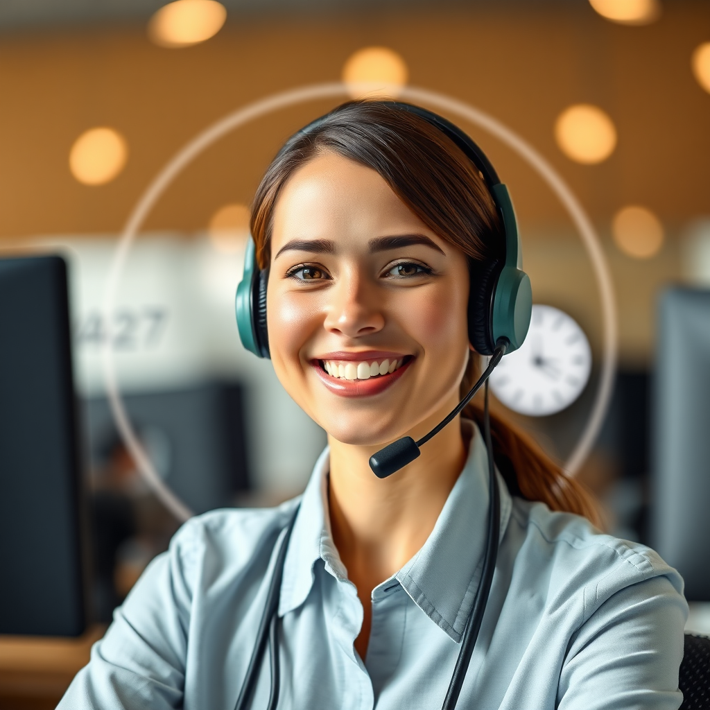 Depict a customer service representative wearing a headset and smiling, with a 24/7 clock icon in the background. The scene should be warm and inviting.
