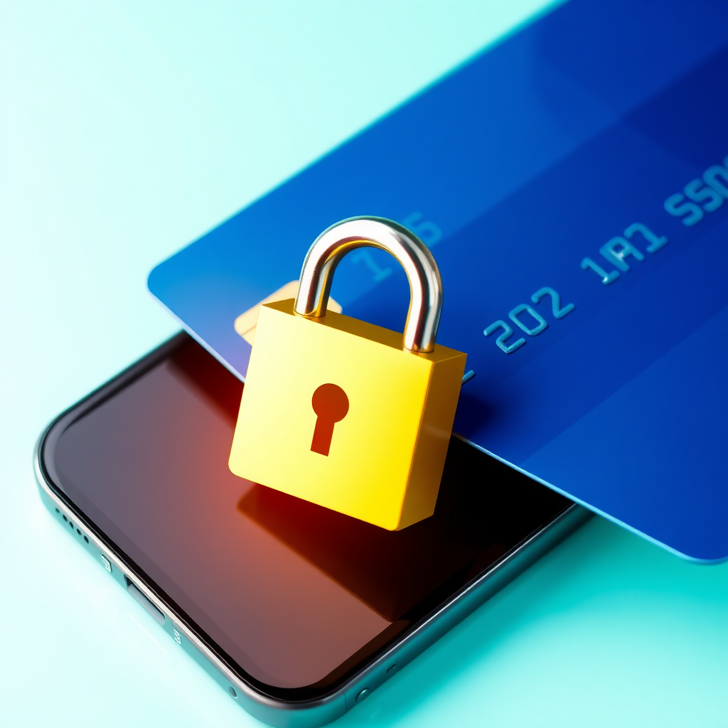 Depict a padlock icon superimposed over a credit card and a mobile phone screen, symbolizing secure transactions. The color scheme should instill confidence and security, using blues and greens.