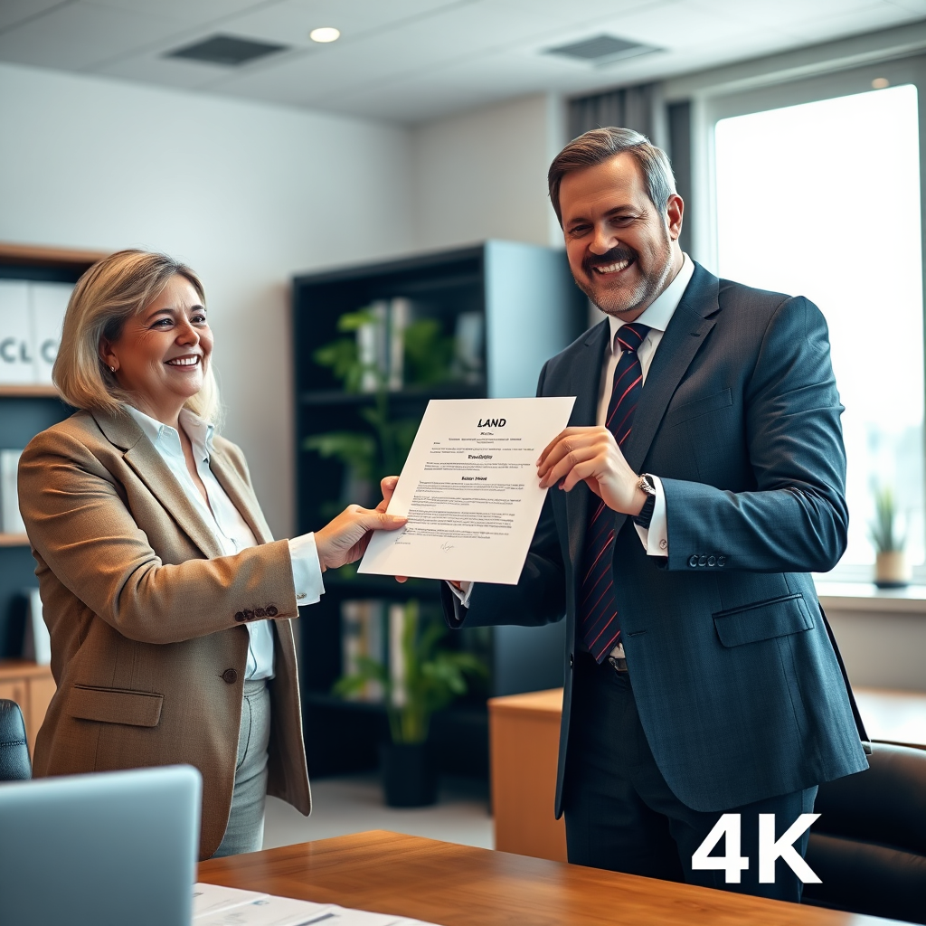 Depict a photorealistic image of a lawyer confidently handing a document (representing a land deed) to a smiling client in a well-lit office setting. Emphasize the professionalism and security of the transaction. 4K resolution.
