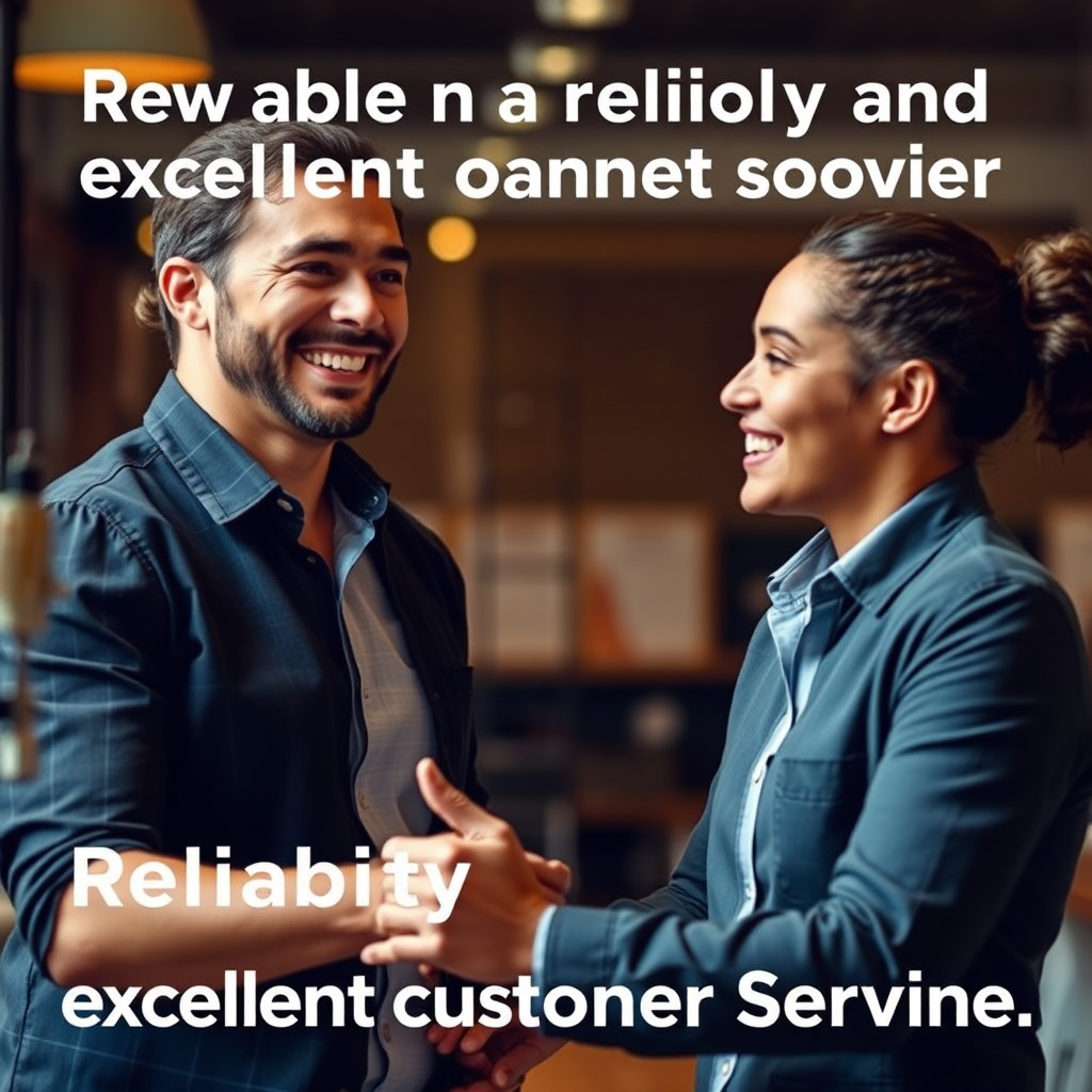 Depict a smiling professional interacting positively with a satisfied customer, emphasizing reliability and excellent customer service. The color scheme is warm and inviting.