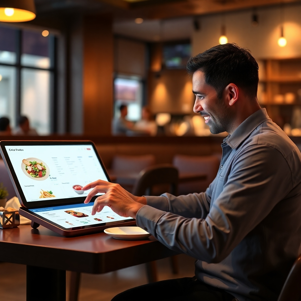 A customer uses an AI-powered interface to customize their order, emphasizing the personalized dining experience.