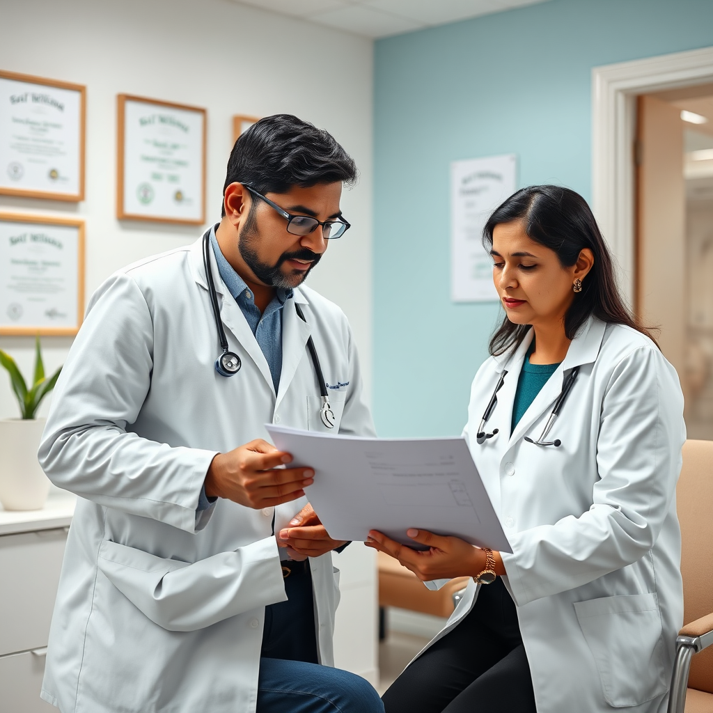Dr. Santosh and Dr. Madhavi Latha consulting with a patient, reviewing progress charts. The setting is a bright, modern office with diplomas and certifications subtly displayed. Focus on conveying trust, expertise, and patient-centered care. The color palette should be professional and reassuring, with clean lines and a sense of order. The camera angle is medium, capturing the interaction between the doctors and the patient. Texture details should be realistic, showcasing the professionalism of the environment. Style reference: Clean, modern corporate portraiture. Technical specs: 4K resolution, high quality.