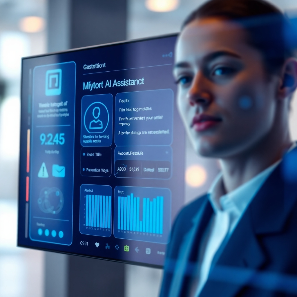 Generate a photorealistic image of a sophisticated AI virtual assistant interface. The interface should display key information clearly and efficiently. The color palette should be professional and modern. The lighting should be well-balanced and highlight the important details. The camera angle should be close-up, showing the details of the interface. The style is professional and user-friendly, focusing on easy navigation and intuitive design.