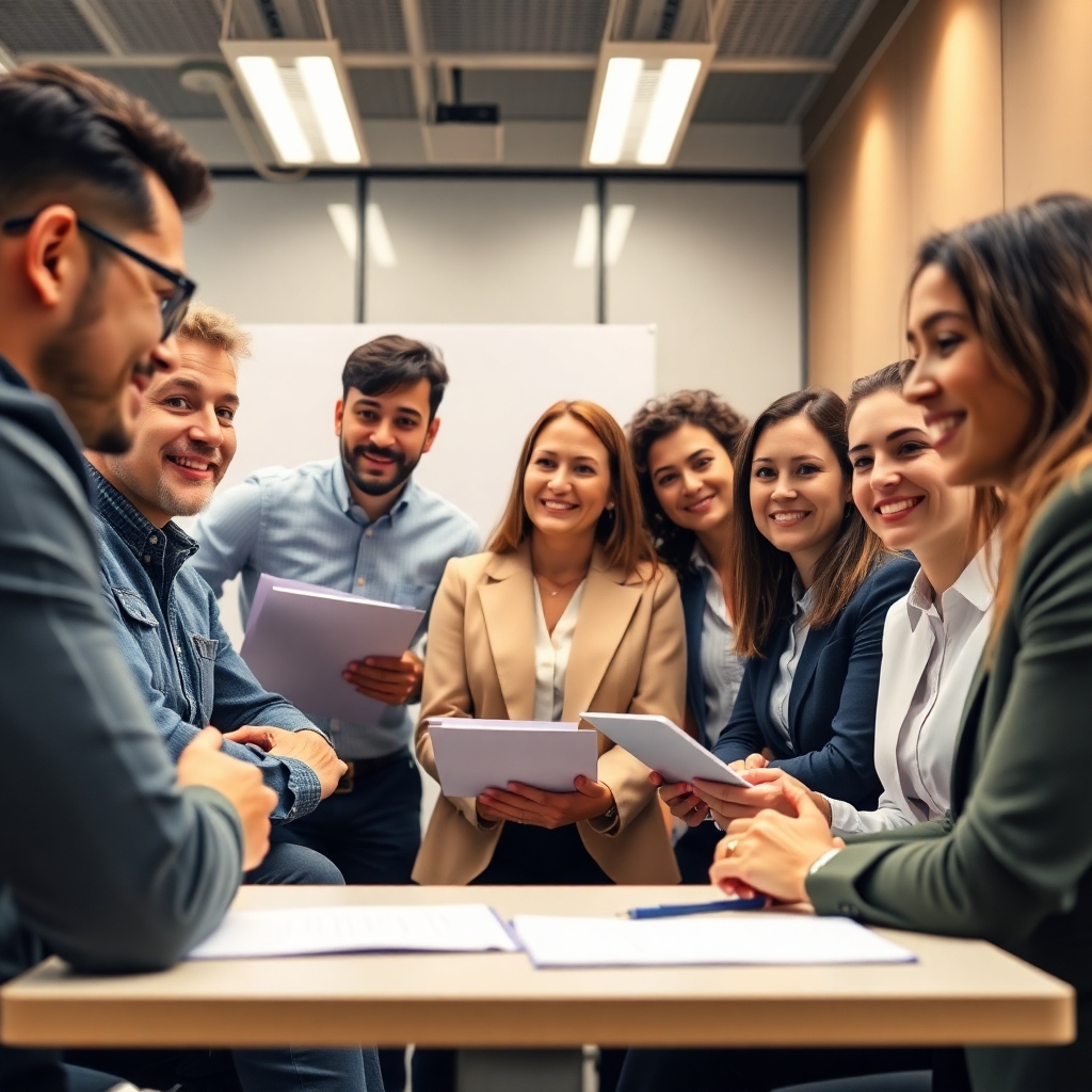  Generate a photorealistic image of a supportive team providing training and resources to a diverse group of business professionals. The setting is a modern and well-lit training room. The color palette is a blend of warm and cool tones. The camera angle is eye-level, conveying a sense of collaboration and knowledge sharing. The style is photorealistic and professional, with attention to detail in the expressions and body language of the individuals.