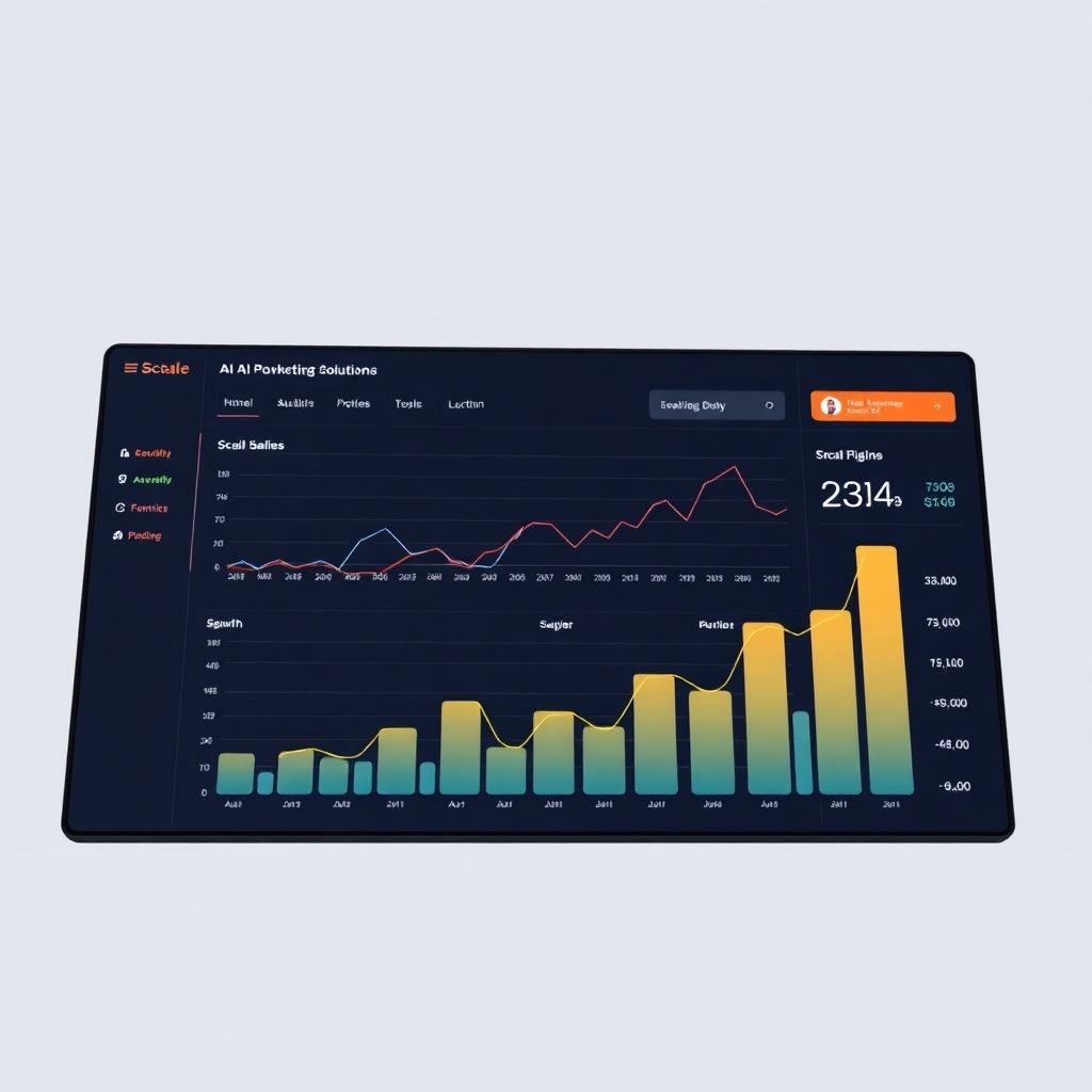 Generate a photorealistic image of a modern business dashboard that displays exponential growth charts, reflecting the potential for scaling a business with AI-powered marketing solutions. The design is clean and visually appealing. The color palette is professional, conveying seriousness and success. The camera angle is slightly elevated, creating a commanding and authoritative perspective. The style is sleek and modern, featuring dynamic visual elements.