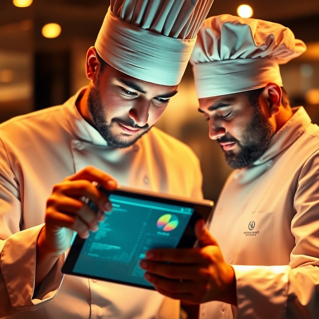 A chef uses a tablet displaying data and algorithms to create a new dish, showcasing the fusion of technology and culinary creativity.