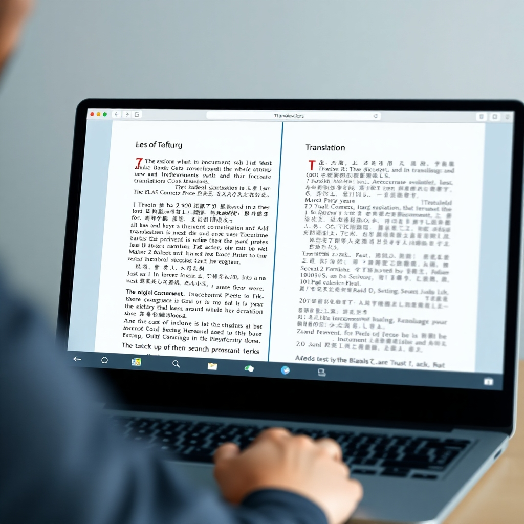 Generate a photorealistic image of a document translation in progress, showing the original text and its accurate, translated version in various languages. The software interface should be sleek and professional. The color scheme should convey trust and reliability. The scene should focus on accuracy and efficiency.