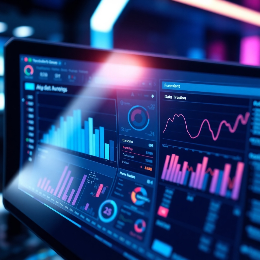 Generate a photorealistic image of a futuristic interface that displays AI-powered data analysis and marketing campaign optimization tools. The interface should have a clean and intuitive design. The color palette is dark and sophisticated, with vibrant accents to highlight key information. The lighting should be sleek and modern. The camera angle is close-up, showing the detailed information displayed on the interface. The style is futuristic and technological, conveying a sense of innovation and advancement.