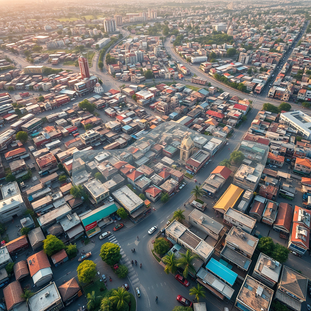 Generate a vibrant aerial view of a bustling market in Andhra Pradesh, highlighting the diverse range of land uses and development opportunities. Overlay a transparent map of the region, subtly emphasizing the strategic locations and potential growth areas. Capture the scene in 4K resolution with realistic lighting and textures.
