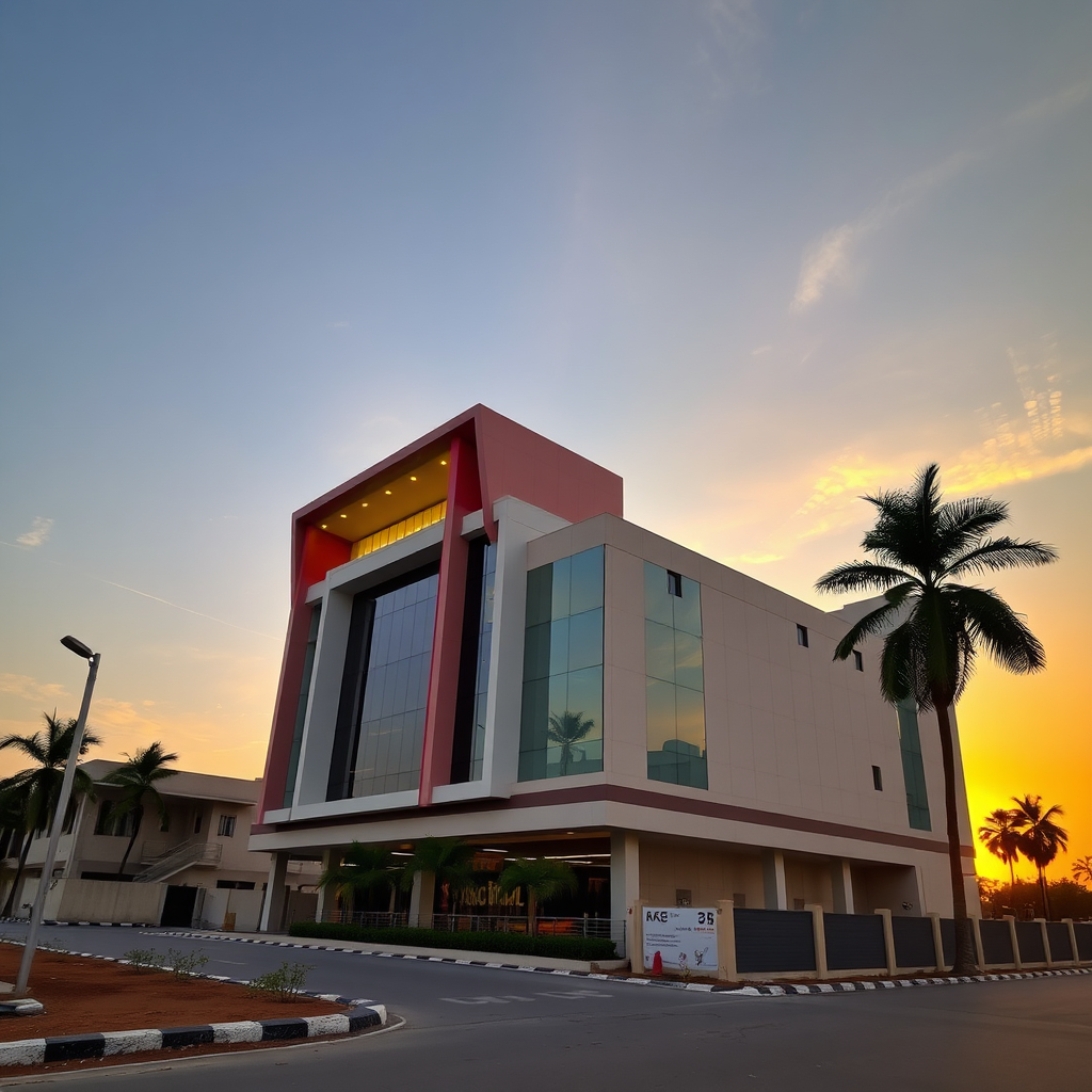 High-quality photograph of a recently constructed commercial building in Andhra Pradesh during sunset, emphasizing on the architecture and design, 4k resolution.