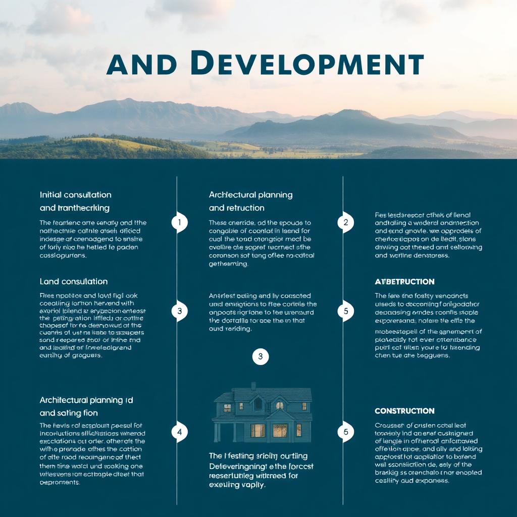 Illustrate a comprehensive overview of the land development process from the initial consultation with the client to architectural planning and construction, with focus on each of these steps. 4k resolution.