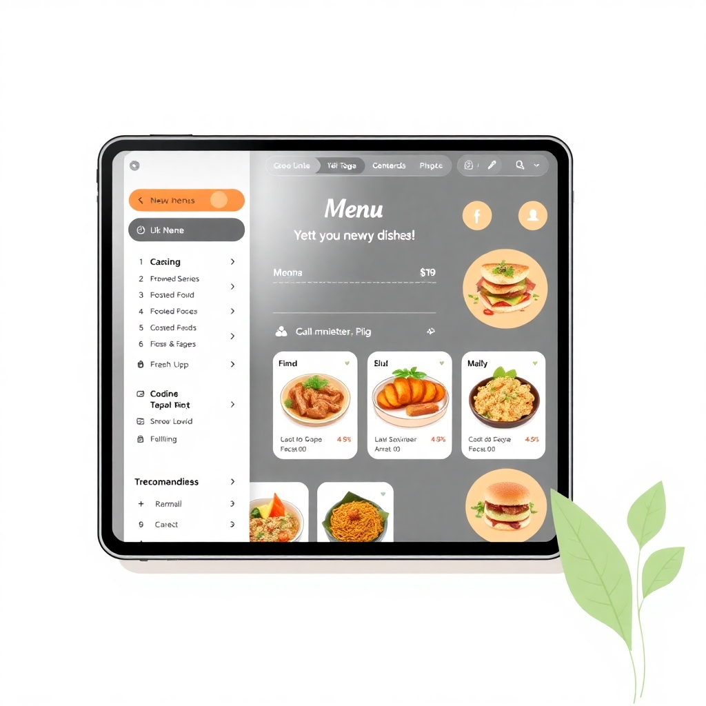 Illustrate a digital menu interface, dynamically updating with new dishes and personalized recommendations. Use a modern design with clean lines and visually appealing food imagery.