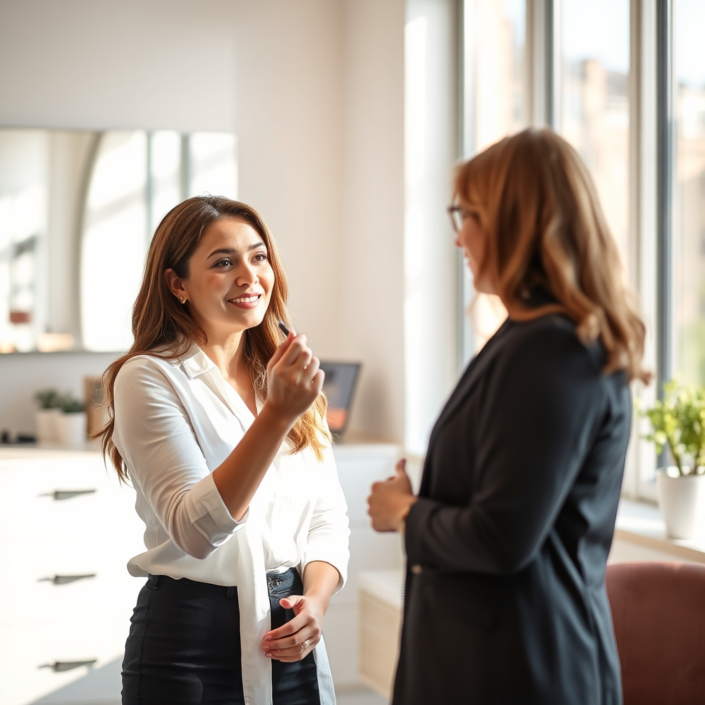 Image of a professional beauty consultant offering tailored advice to a woman. The scene should be bathed in natural light.