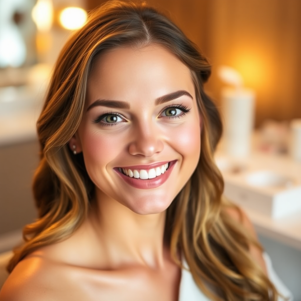 Image of a woman smiling confidently after a beauty treatment, radiating self-assurance. Warm and inviting lighting, focus on her positive expression.