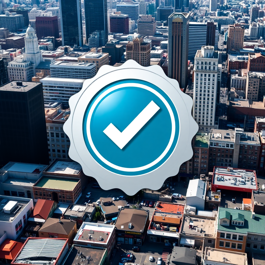 Imagine a badge with a checkmark inside, superimposed over a cityscape filled with diverse local businesses. The badge represents verification and trust. The color palette should be trustworthy colors like blue and green. The lighting should be bright and clear.