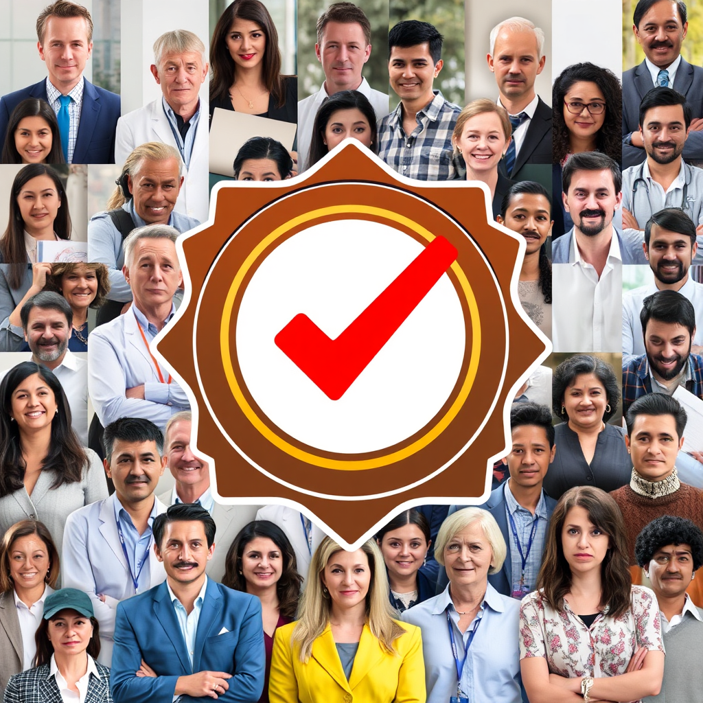 Imagine a badge with a checkmark inside, superimposed over a diverse group of local professionals. The colors should be trustworthy and convey a sense of security.