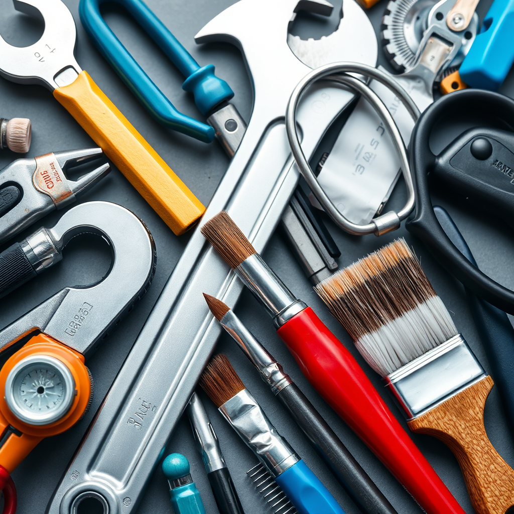 Imagine a collage of professional tools (e.g., wrench, stethoscope, paintbrush) arranged neatly, symbolizing expertise across diverse fields. The lighting is focused and professional.