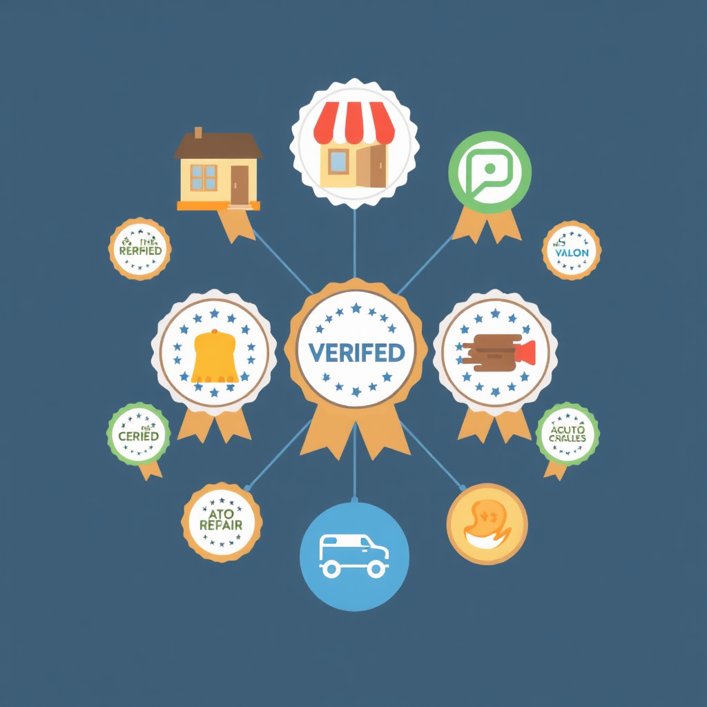 Imagine a directory with icons of different business categories (e.g., restaurants, salons, auto repair) each displaying a 'verified' badge. The design is clean and organized to emphasize trustworthiness.