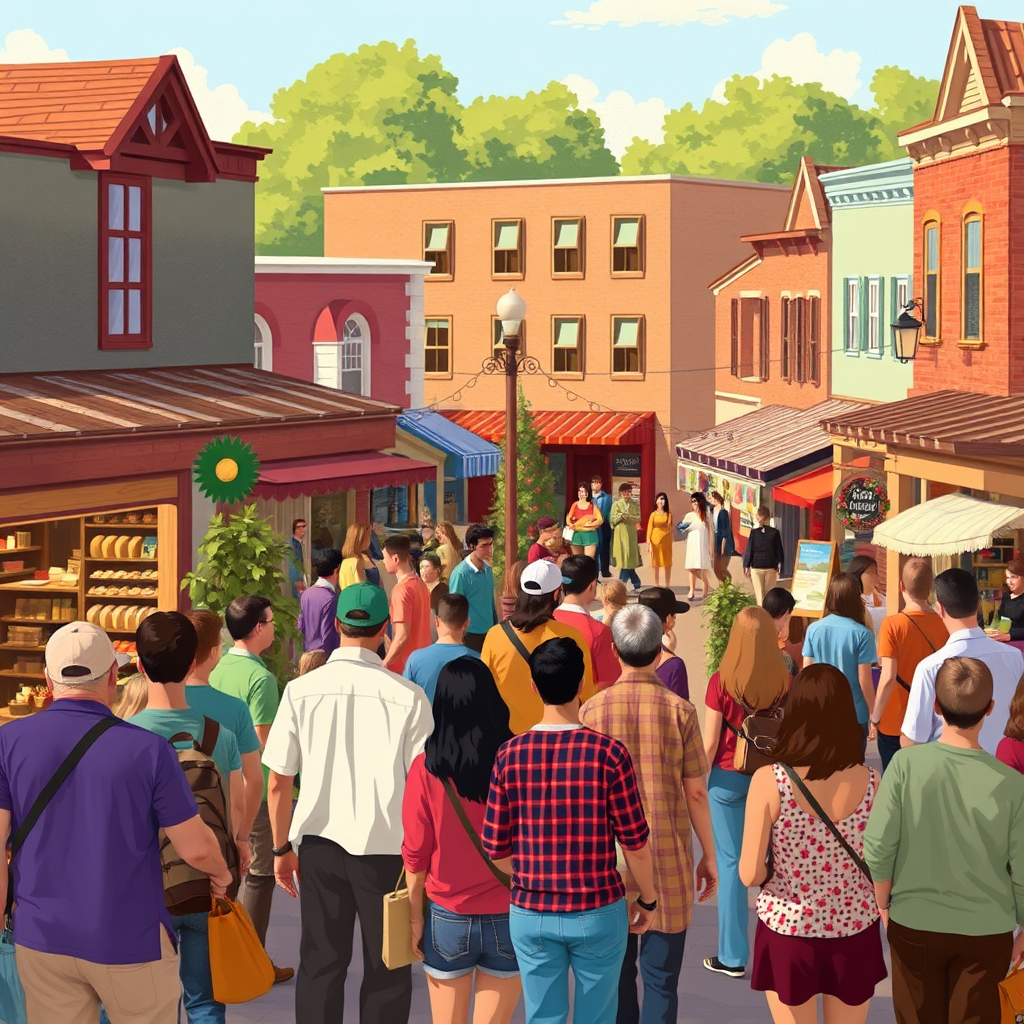 Imagine a diverse group of people interacting within a thriving town square, supporting local shops and businesses. The atmosphere should be warm and inviting, symbolizing community support.