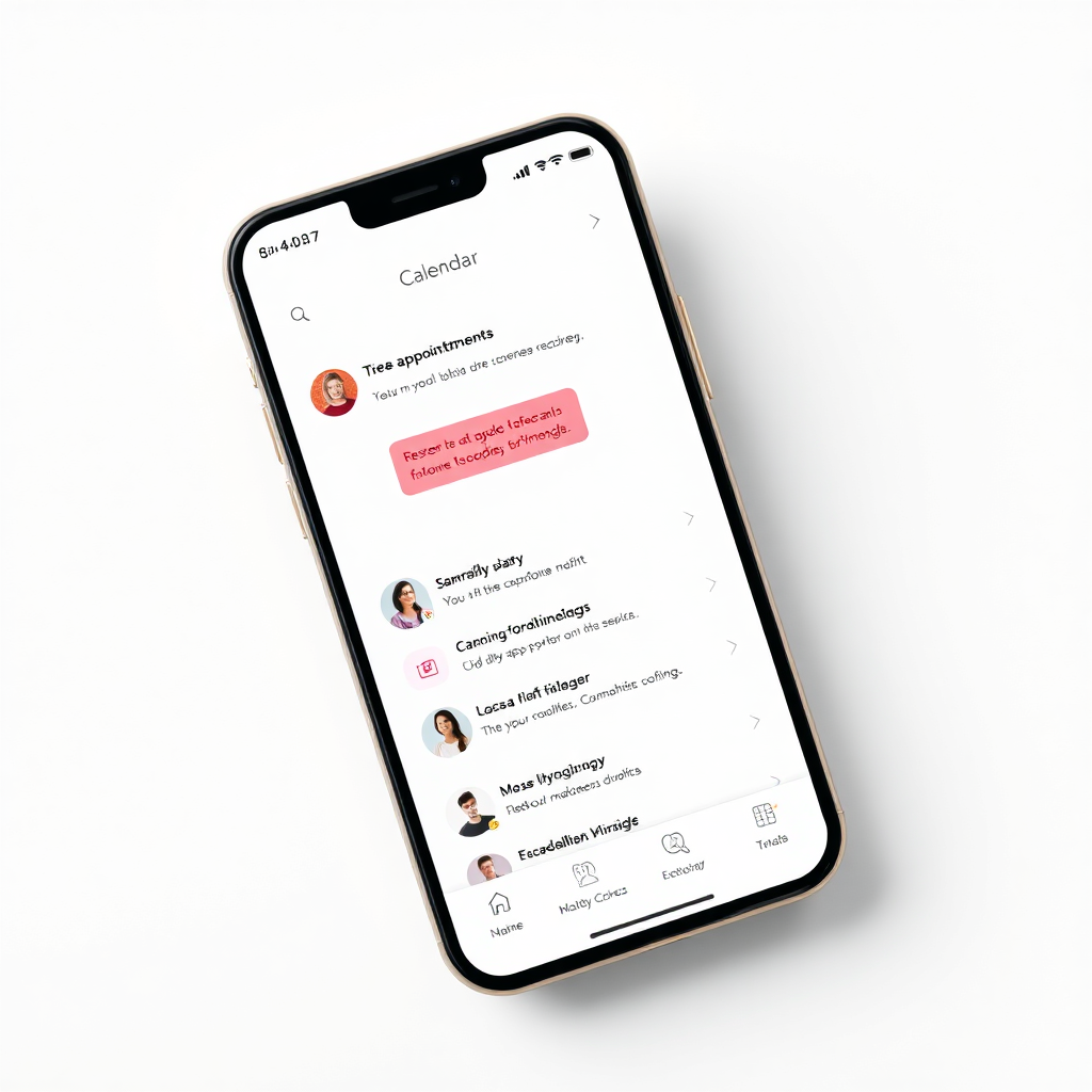 Imagine a mobile phone displaying a calendar interface with easily bookable appointments with local service providers. The screen should be clean and user-friendly. The color scheme should be light and modern, promoting a sense of ease.