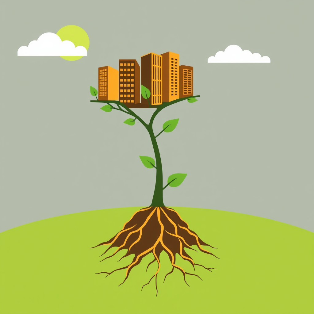 Imagine a stylized image with a growing plant whose roots are in fertile soil representing Andhra Pradesh and surrounding states, and whose branches are made of stylized building structures that symbolize investment growth and prosperity. Use a color palette of greens and golds and a high resolution of 4K.