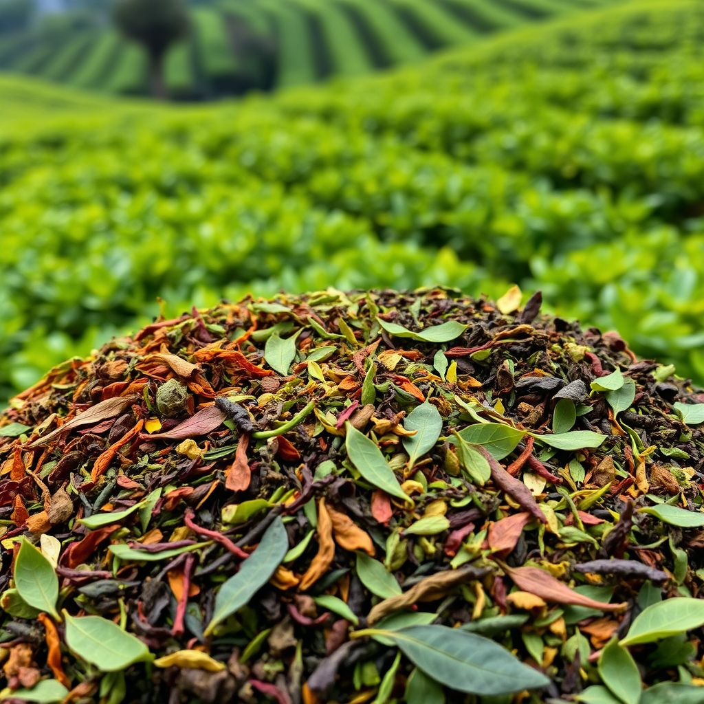 Imagine a vibrant display of various organic green-tea blends, each with unique colors and textures. The tea leaves are arranged in an artistic and appealing manner, showcasing the diversity and quality of the blends. The background is a lush green tea plantation. Style: Product photography, vibrant and colorful. Technical Specs: 4K resolution, sharp focus, natural lighting.