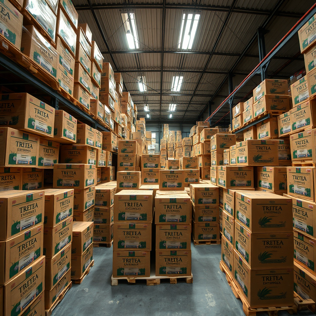 Imagine a warehouse filled with neatly stacked boxes of TRETEA ENTERPRISES tea, ready to be shipped to various businesses and locations. The scene represents the scale and efficiency of the wholesale tea supply operation. Style: Industrial photography, clean and organized. Technical Specs: 4K resolution, wide-angle shot, good lighting.
