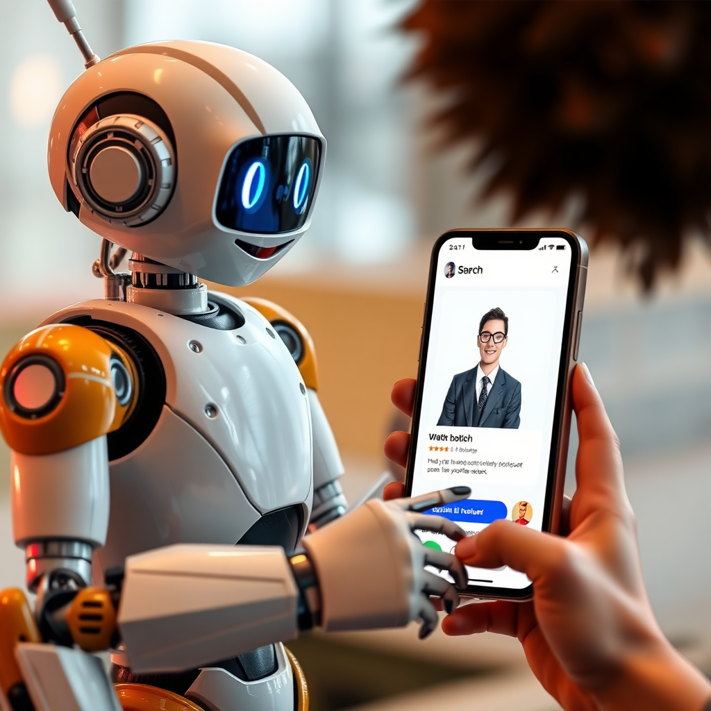 Imagine an AI bot represented by a friendly, futuristic robot, connecting a user with a local professional through a smartphone interface. The scene emphasizes smart and efficient matching.