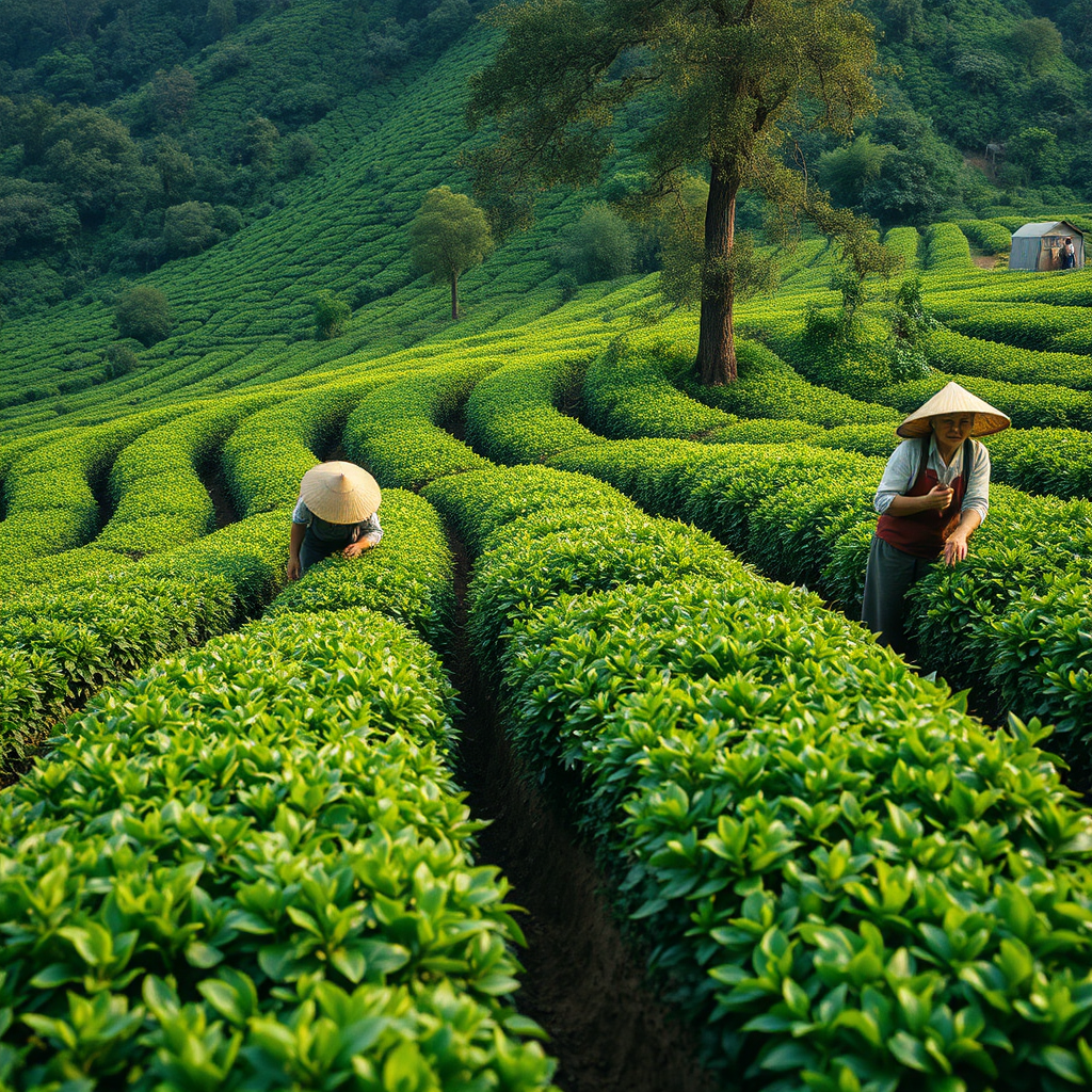 Imagine tea farmers working in a lush green tea plantation, using sustainable farming practices. The scene is peaceful and harmonious, highlighting the connection between nature and tea cultivation. Style: Photorealistic, environmental photography. Technical Specs: 4K resolution, natural lighting, wide-angle shot.