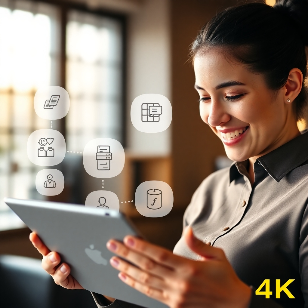Photorealistic image: A business professional smiles, looking at a tablet displaying various automated processes (workflow, sales, customer service).  Warm, inviting lighting. 4K resolution.