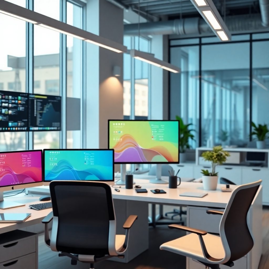 Photorealistic image: A clean, modern office with various devices seamlessly integrated, highlighting efficient workflow. 4K resolution.
