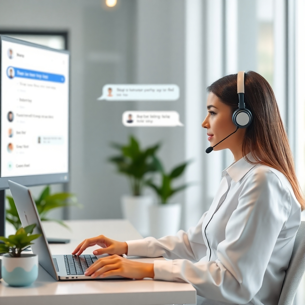 Photorealistic image: A customer service chat interface with an AI assistant responding efficiently to queries. Clean, modern design. 4K resolution