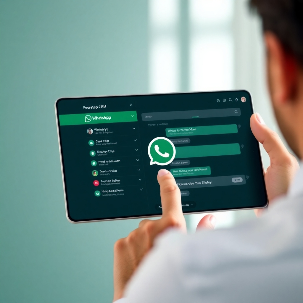 Photorealistic image: A person uses a WhatsApp CRM interface, highlighting user-friendly design and efficient chat management. 4K resolution.