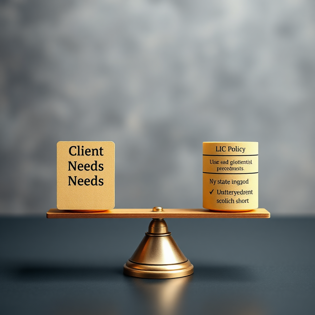 Photorealistic image of a balanced scale, with client's needs on one side and LIC policy options on the other, demonstrating objective decision-making. 4K resolution.
