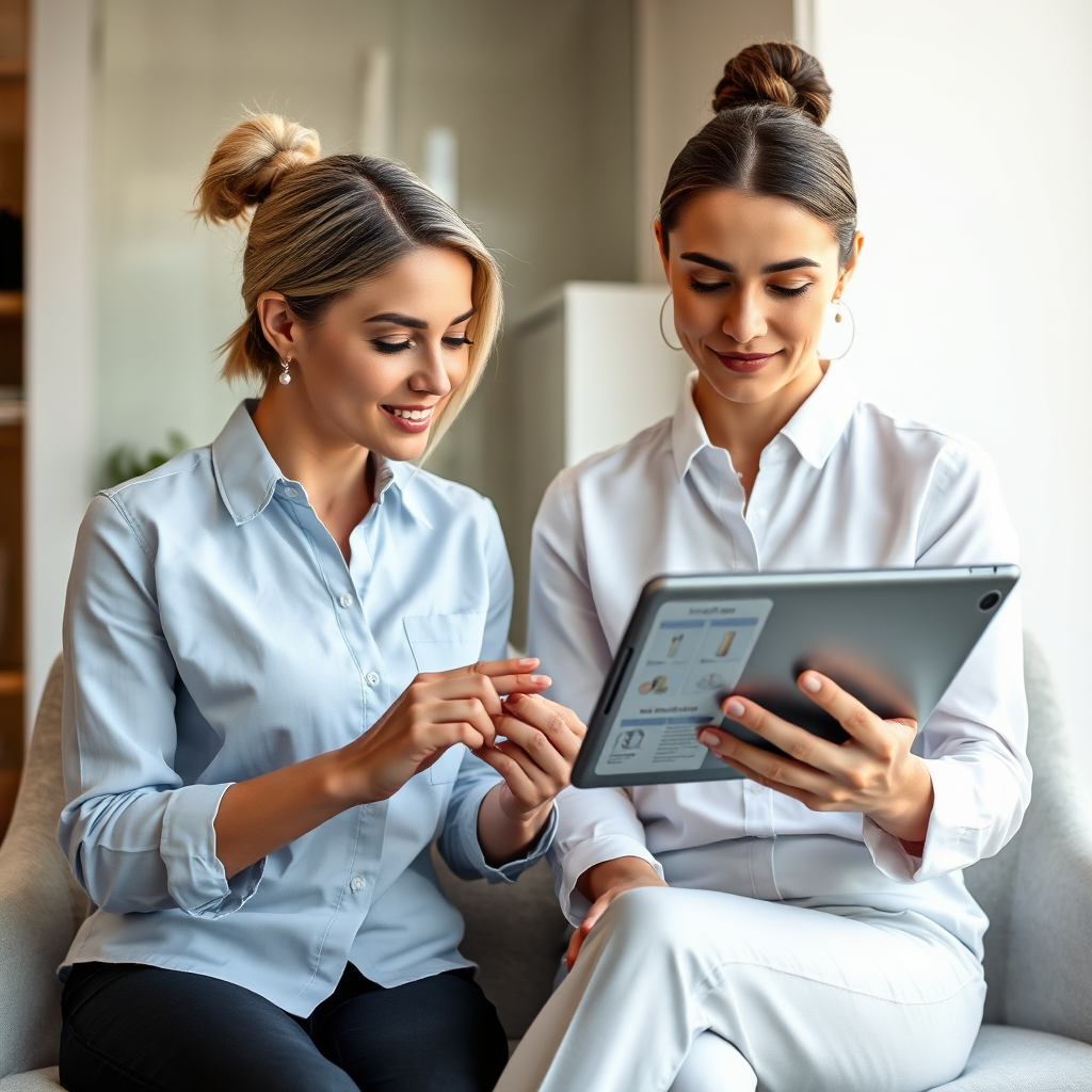 Photorealistic image of a beauty consultant reviewing a digital tablet with a client, showcasing personalized skincare recommendations. Natural light, modern office setting, focus on the consultation process.