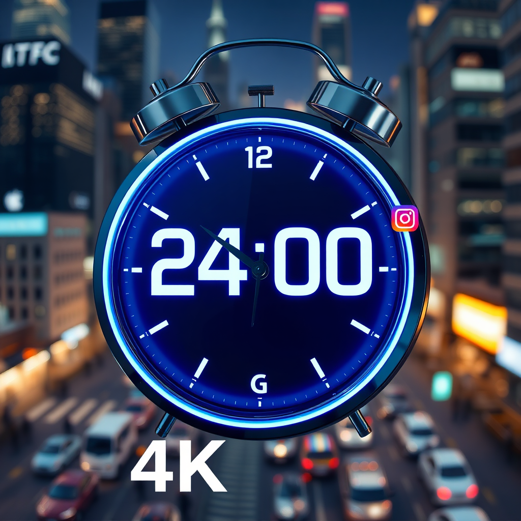 Photorealistic image of a futuristic clock displaying the time '24:00'. Social media icons (Facebook, Instagram, Twitter) surround the clock face. The background is a blurred image of a bustling city at night. This should convey the idea of constant, uninterrupted promotion. 4K resolution.