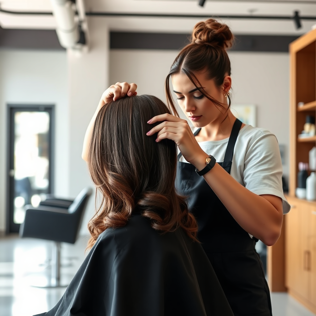 Photorealistic image of a hairstylist carefully styling a client's hair, with a focus on precision and artistry. Natural light, modern salon setting.