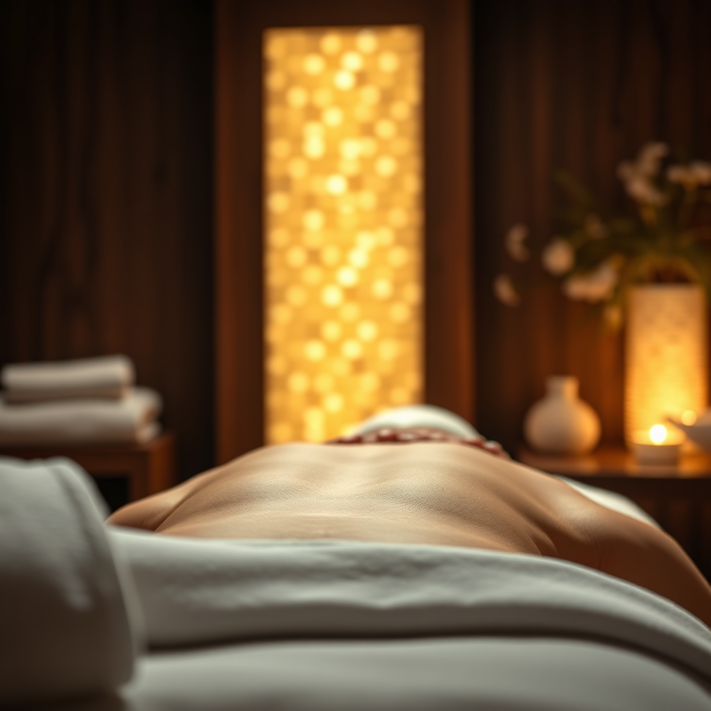 Photorealistic image of a massage therapist giving a relaxing massage in a dimly lit spa setting. Soft, warm lighting, focus on the hands and body.
