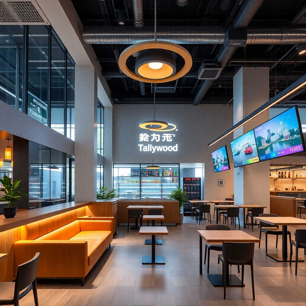 Produce a photorealistic image showcasing the sleek and modern interior design of Tallywood Food Industry.  Highlight the integration of technology and the comfortable, inviting atmosphere. Focus on creating a visually appealing and comfortable environment.