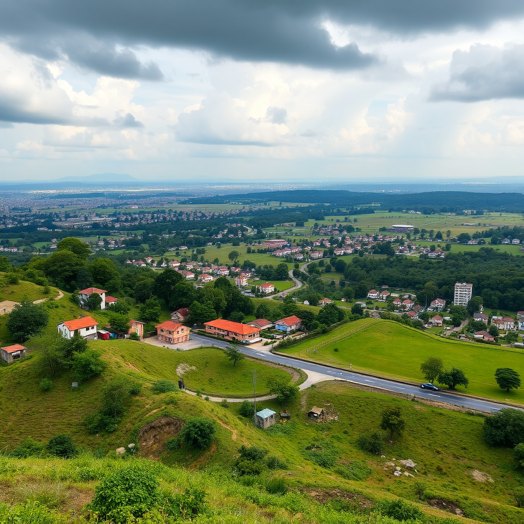 A drone shot of a well-planned layout of plots, showcasing roads and green spaces. The surrounding area shows developing infrastructure and nearby amenities. The image is vibrant and dynamic, emphasizing location advantages.