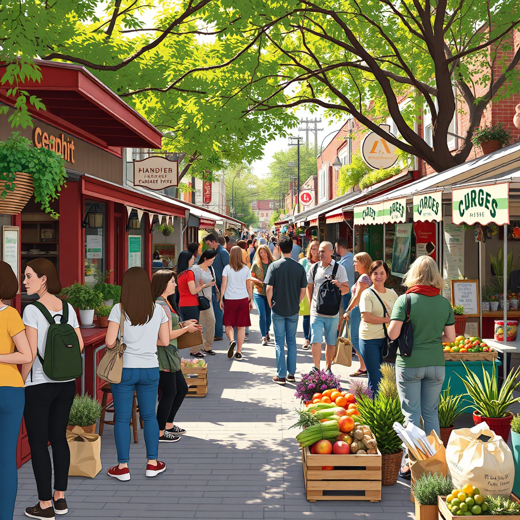 Show a local community thriving with people supporting various local businesses (e.g., cafes, shops, farmers markets). The scene radiates positive energy and community spirit.