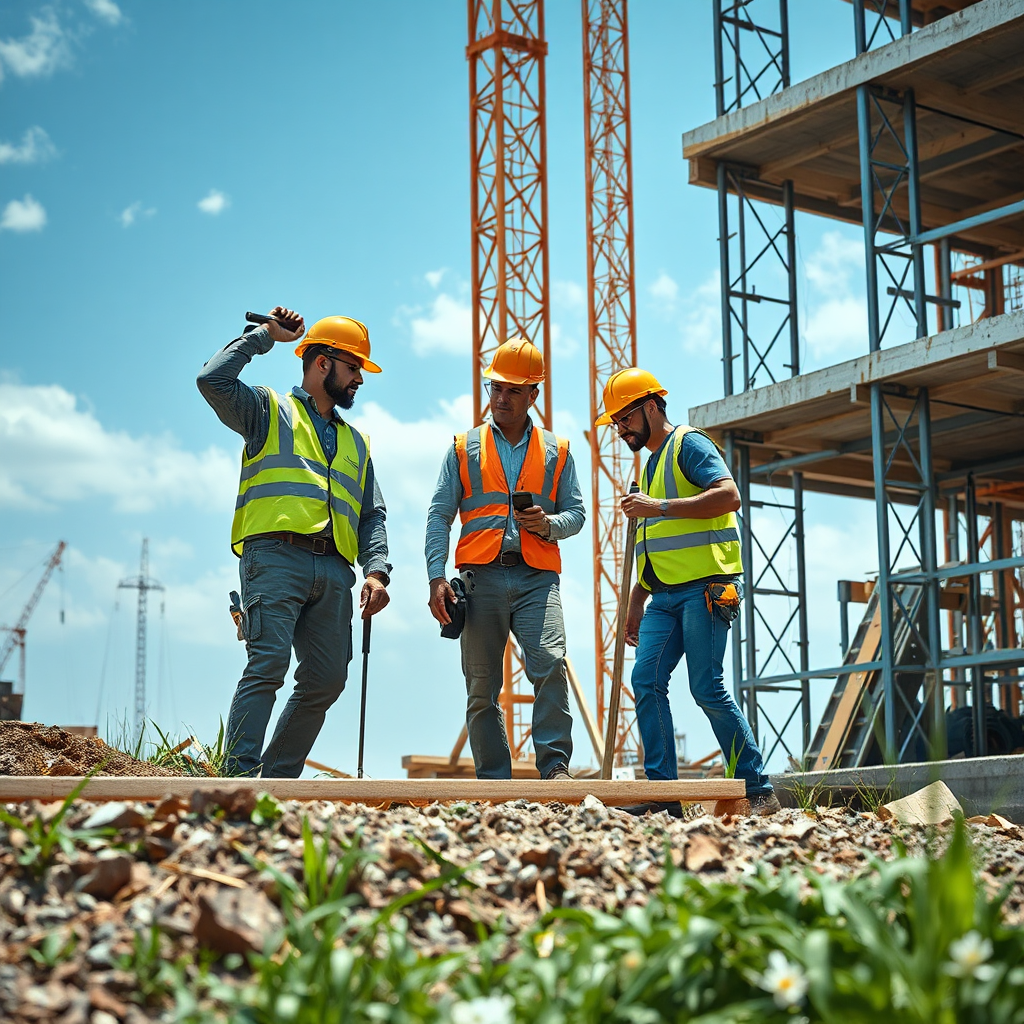 Show construction workers doing construction with eco friendly methods and less pollution in the environment. 4k resolution.