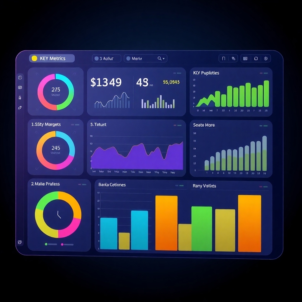 Stylized image: A futuristic dashboard displaying key metrics, showcasing clear data visualization. Clean, vibrant design. 4K resolution.