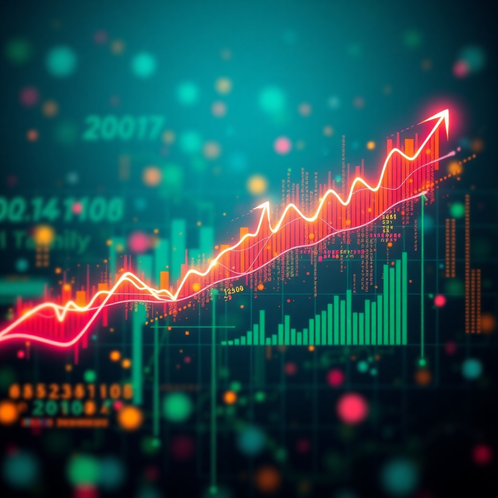 Stylized image: Data points and charts forming a dynamic, upward trend line, showcasing exponential growth. Vibrant colors, futuristic style. 4K resolution.