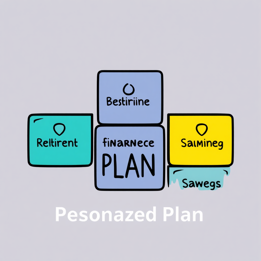 Stylized image of building blocks, each labeled with a financial goal (retirement, education, savings), forming a personalized plan. 4K resolution.