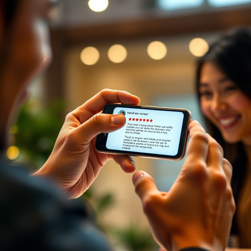 Two hands connecting over a smartphone displaying a customer review. Warm lighting, genuine smiles, relatable scene. 4K.