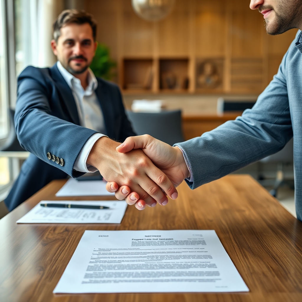 Two individuals shaking hands firmly over a table with property documents, signifying a successful negotiation. Focus on the handshake and confident expressions. 4K, photorealistic.