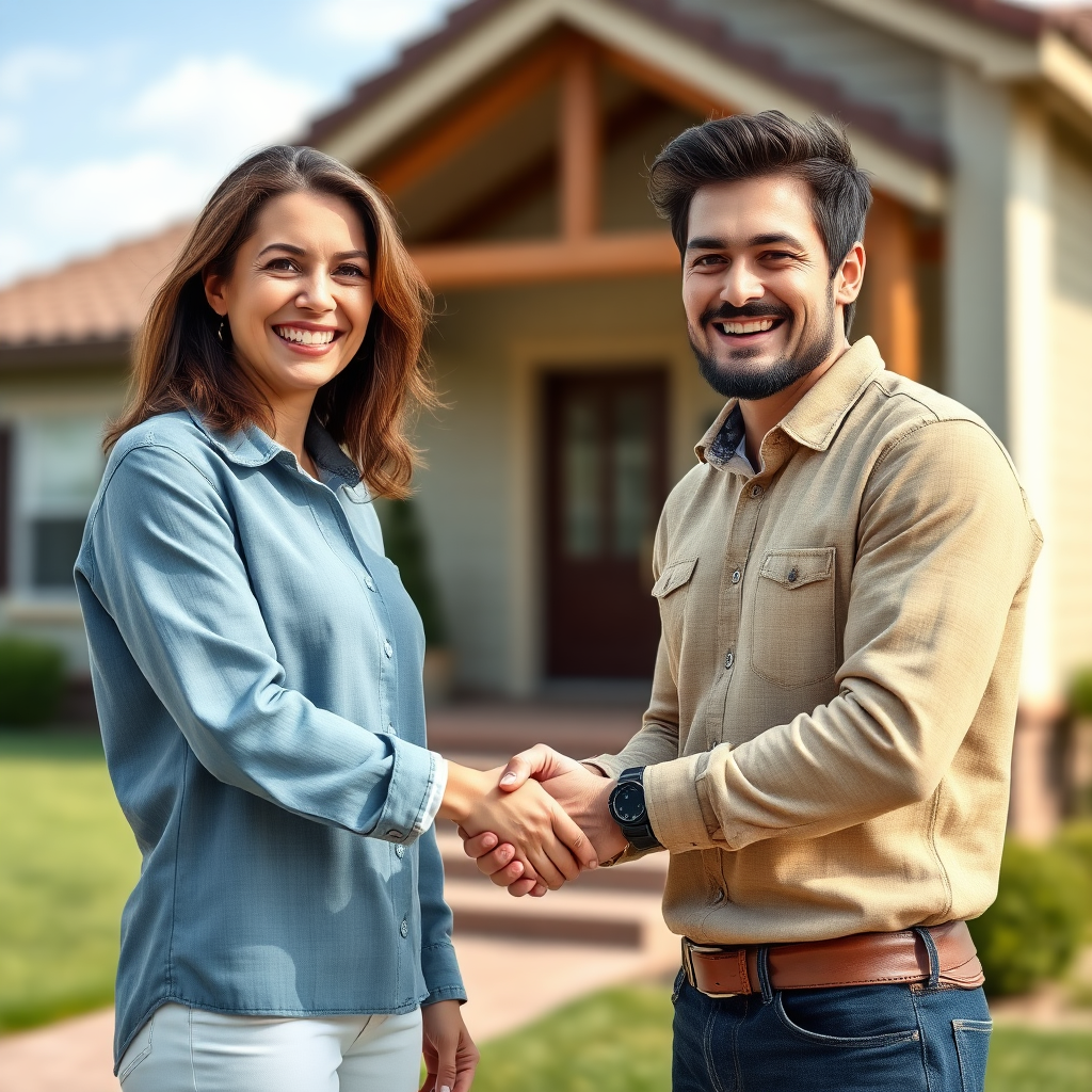 Two individuals smiling and shaking hands after a sale. A home is visible in the background. 4K, photorealistic.