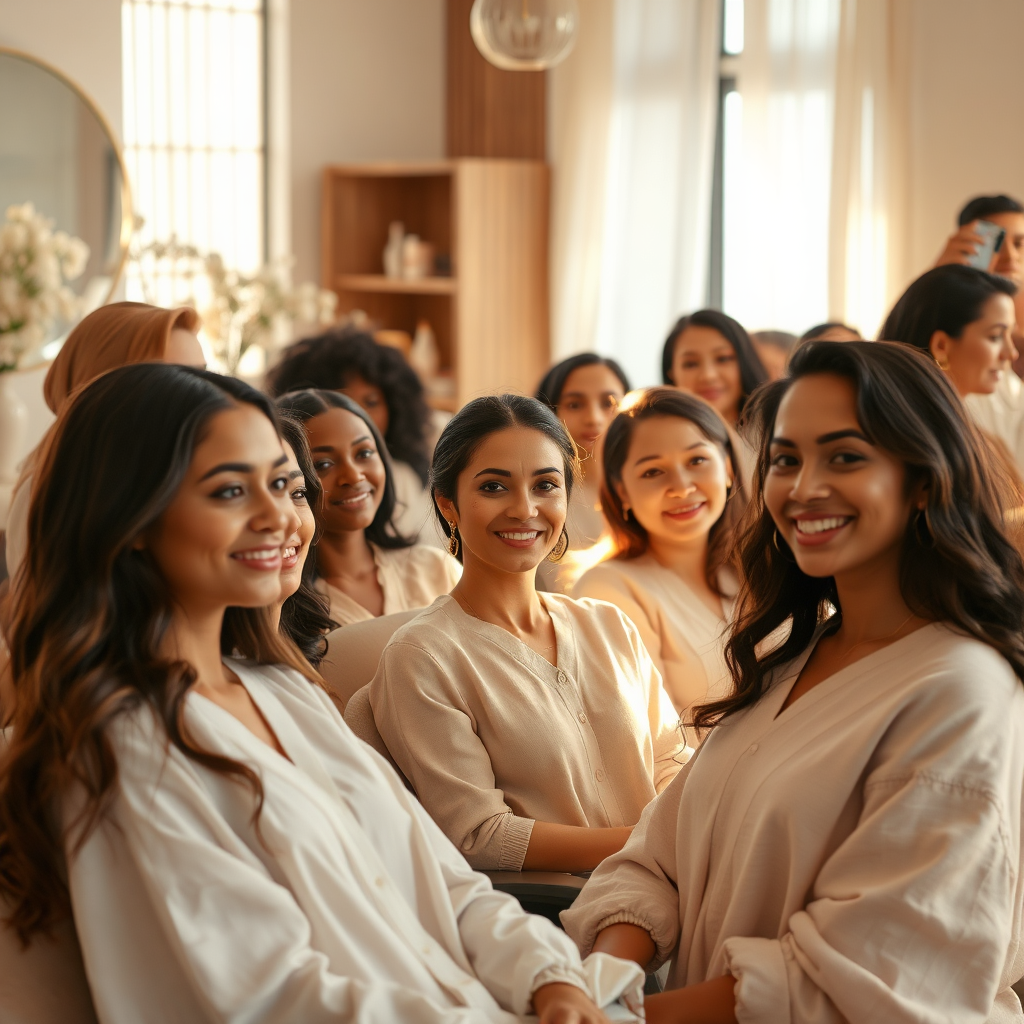 Ultra-high resolution, photorealistic image. A diverse group of women are gathered in a serene, luxurious beauty salon setting, bathed in soft, golden light. Some are enjoying hair treatments, others are receiving skincare consultations, and a few are relaxing with personalized care routines. The salon interior features natural elements like flowers and wood, creating a calming atmosphere. Focus is on their radiant, confident smiles and expressions of contentment. Camera angle is slightly elevated, capturing the breadth of the scene. Color palette is warm and inviting, dominated by earth tones and pastel accents. Textures are incredibly detailed, showcasing the smoothness of skin, the glossiness of hair, and the plushness of textiles. Style reference: a fusion of Scandinavian minimalism and Indian warmth. 8K resolution, hyperrealistic rendering.