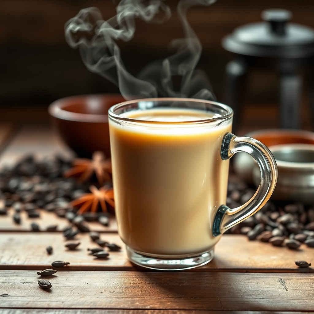 Visualize a close-up of a steaming cup of CTC milk tea, showcasing the rich color and creamy texture. The cup is placed on a traditional wooden table with a background of tea leaves and spices. The lighting is warm and inviting, highlighting the aroma and flavor of the tea. Style: Food photography, rustic and authentic. Technical Specs: 4K resolution, shallow depth of field, warm lighting.
